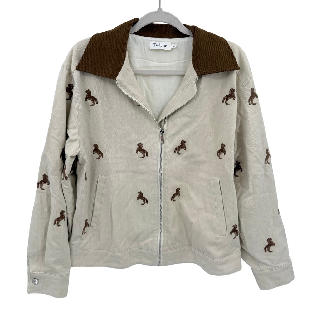 Taelynn Embroidered Horse Mustang Zip Up Jacket Cream Brown Corduroy Collar